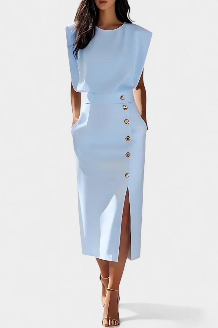 Ceecee Vestido Midi de Manga Larga con Botones Decorativos