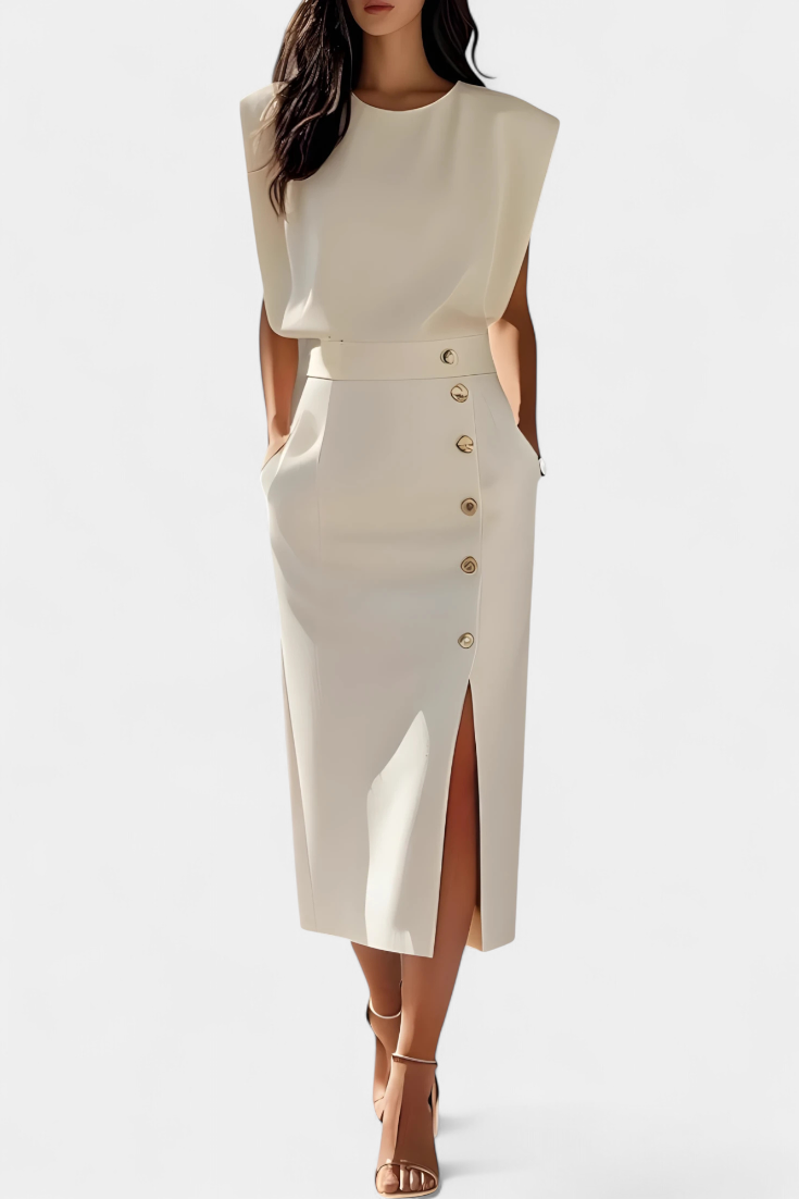 Ceecee Vestido Midi de Manga Larga con Botones Decorativos