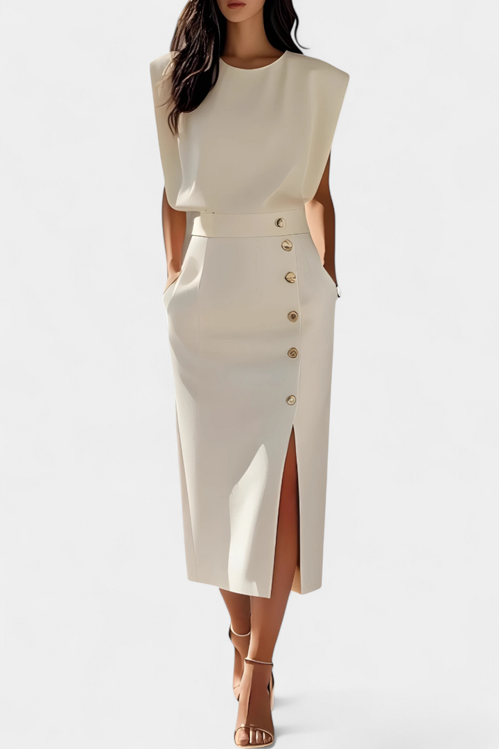 Ceecee Vestido Midi de Manga Larga con Botones Decorativos
