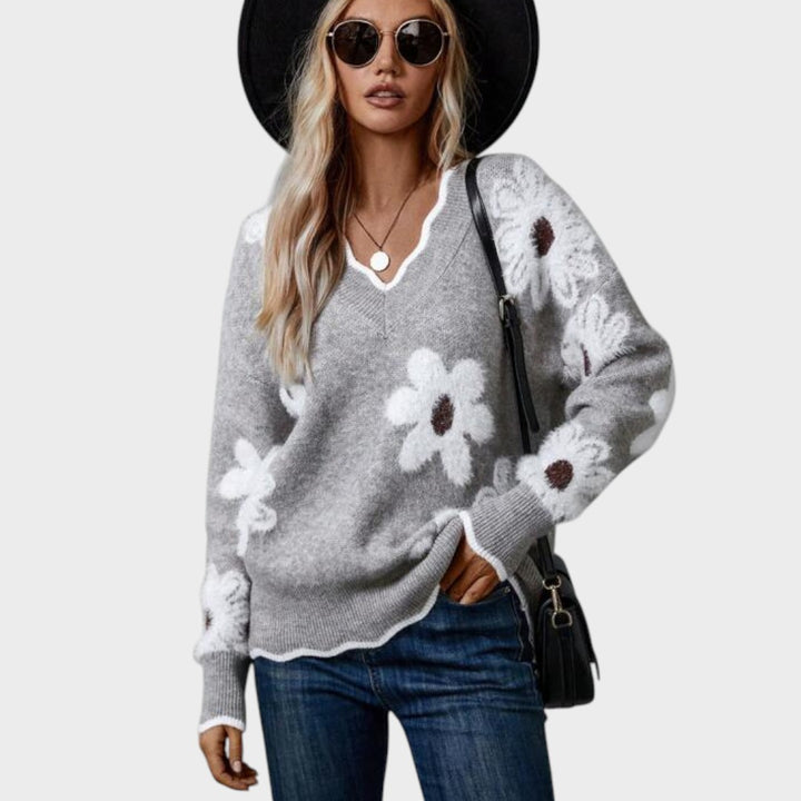 THEA - SUÉTER FLORAL ELEGANTE CON ESCOTE EN V