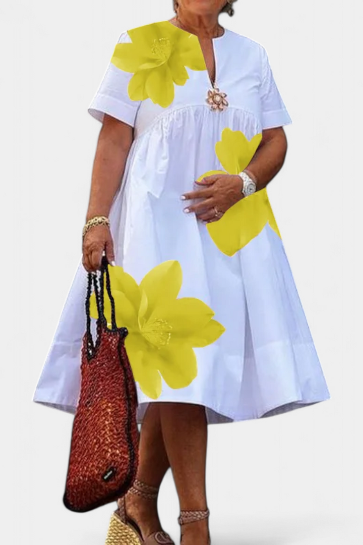 Yulia Vestido Midi Floral con Pliegues y Escote en V