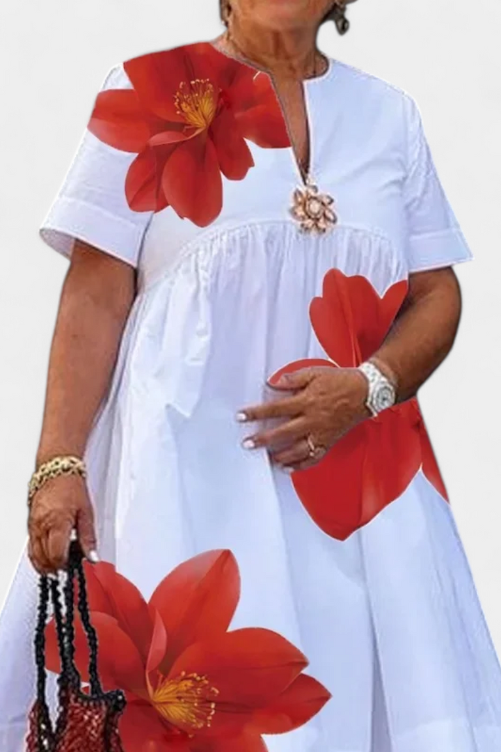 Yulia Vestido Midi Floral con Pliegues y Escote en V