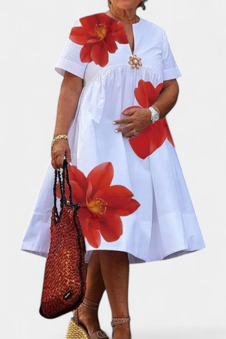 Yulia Vestido Midi Floral con Pliegues y Escote en V