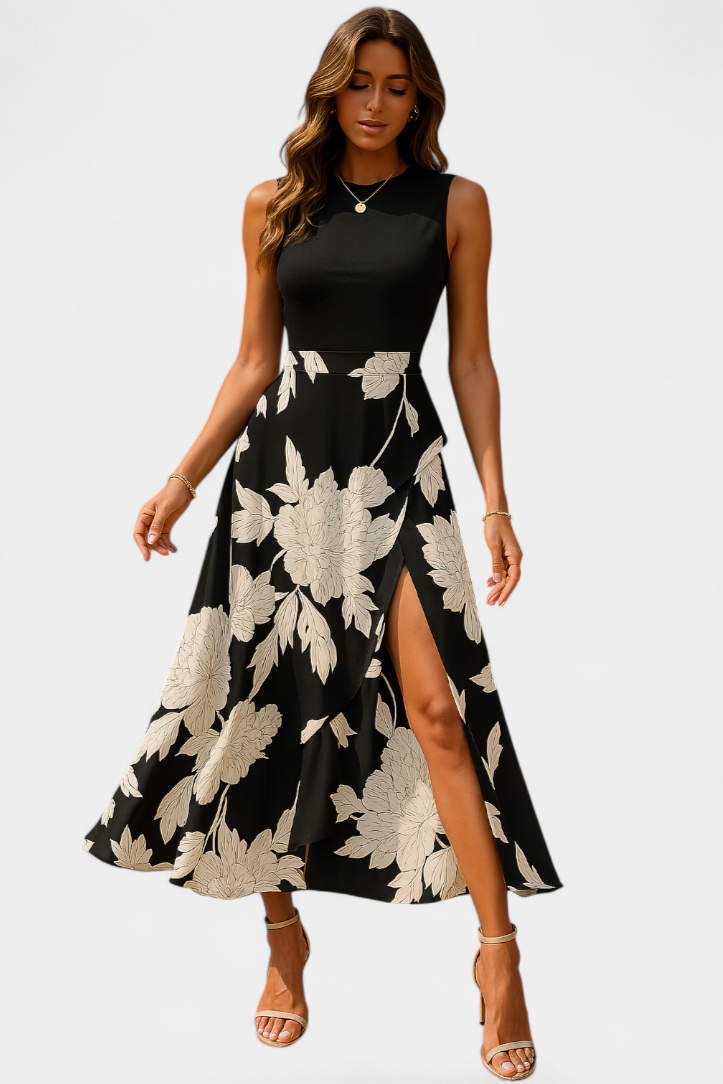 Raquel Vestido Maxi Floral con Volantes sin Mangas