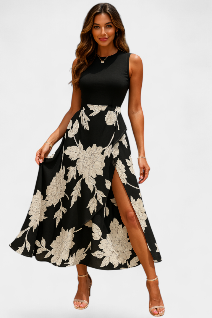 Raquel Vestido Maxi Floral con Volantes sin Mangas