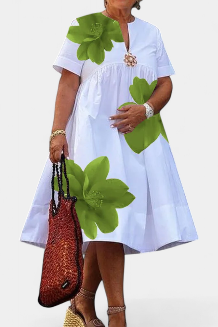 Yulia Vestido Midi Floral con Pliegues y Escote en V