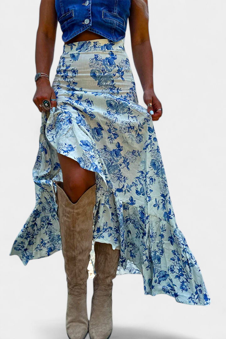 Karen Falda Maxi Floral con Abertura y Volantes