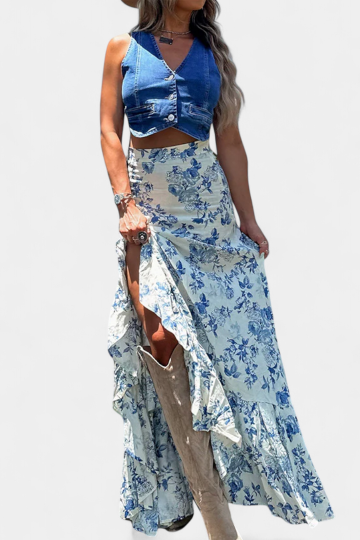 Karen Falda Maxi Floral con Abertura y Volantes