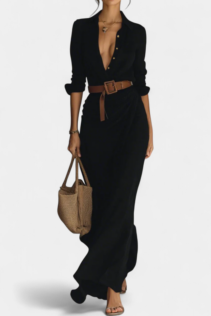 Souline Vestido Maxi con Solapa y Manga Larga