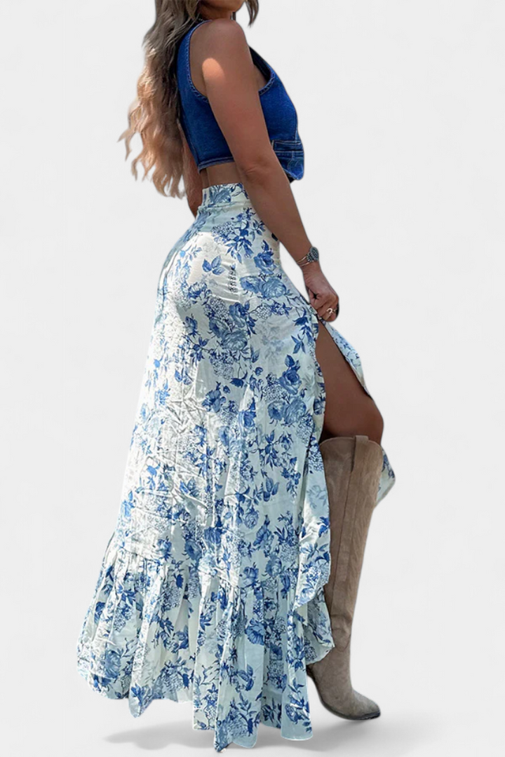 Karen Falda Maxi Floral con Abertura y Volantes