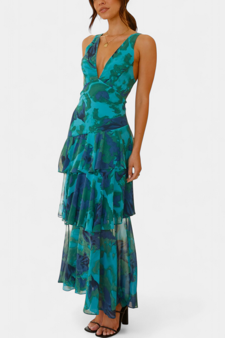 Domenica Vestido de Gasa con Escote en V y Capas Fluídas