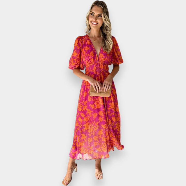 Paloma I Vestido Midi Floral con Mangas Abullonadas y Escote en V