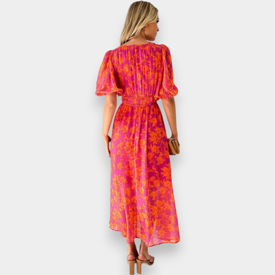 Paloma I Vestido Midi Floral con Mangas Abullonadas y Escote en V