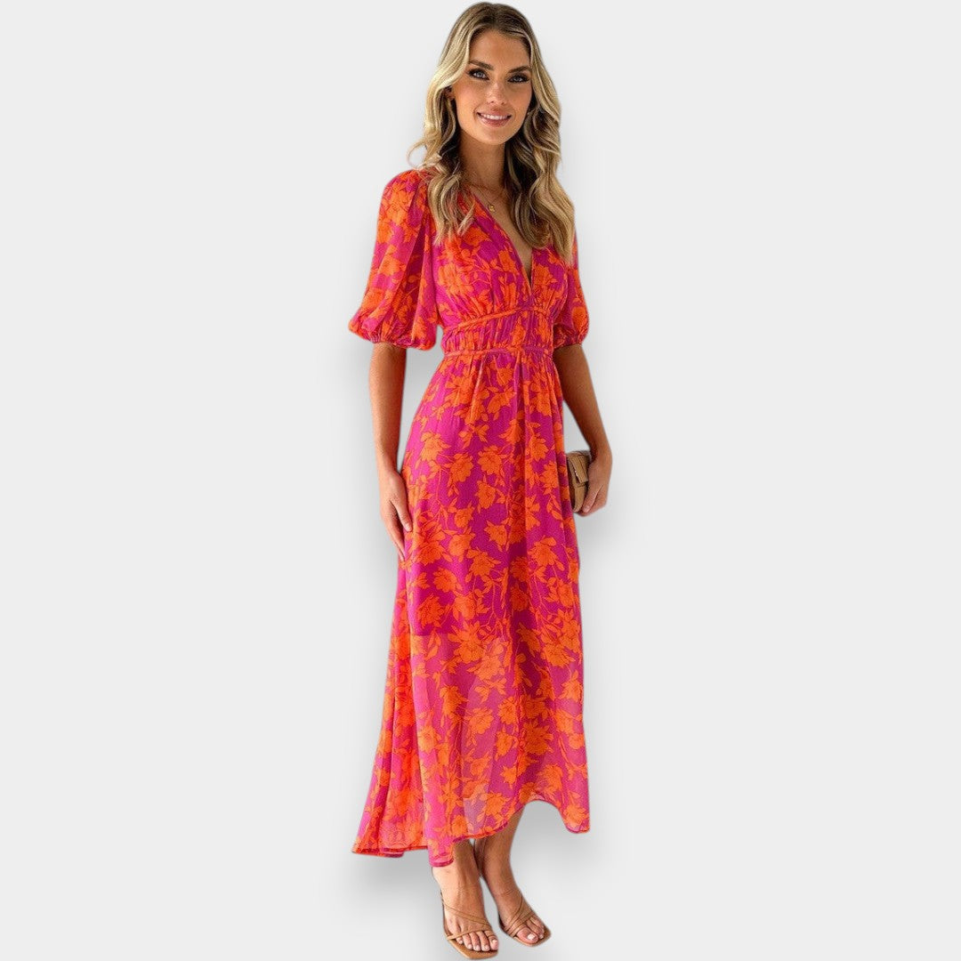 Paloma I Vestido Midi Floral con Mangas Abullonadas y Escote en V