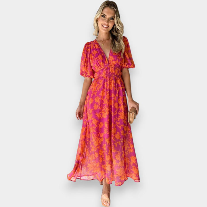 Paloma I Vestido Midi Floral con Mangas Abullonadas y Escote en V